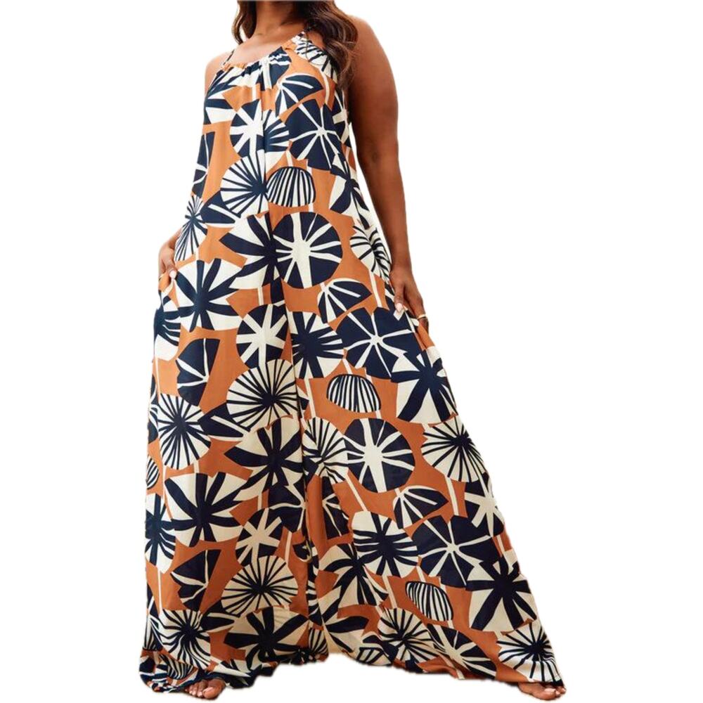 Rebdolls Nadia Orange Navy Blue Star Halter Wide Leg Jumpsuit Plus Size 1X